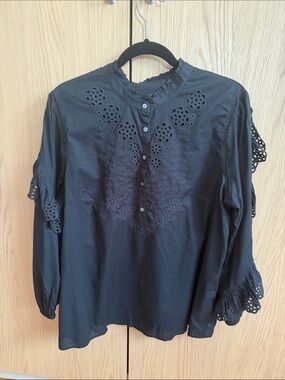 J. Crew 100% Cotton Black Eyelet-Embroidered Button Front Blouse